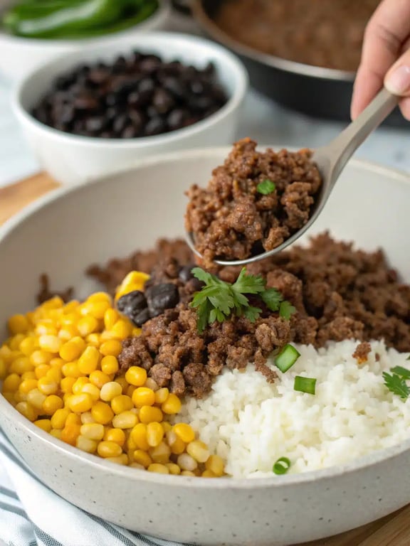 Final step for taco rice bowl — fully assembled with all toppings