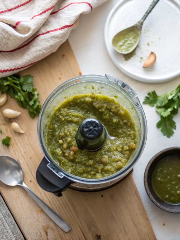 A finished bowl of creamy tomatillo avocado salsa ready for serving