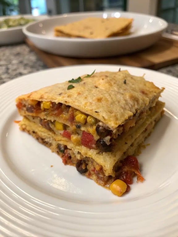 A beautifully plated slice of vegetarian mexican casserole with fresh toppings