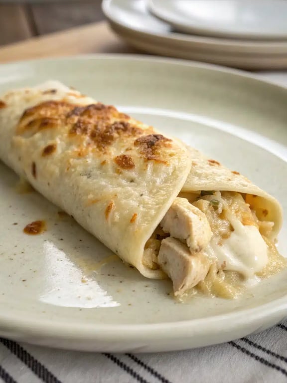 white chicken enchiladas plated with rice and beans