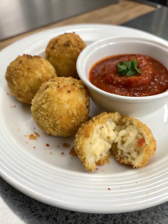 baked arancini recipe beautifully plated with marinara sauce for serving