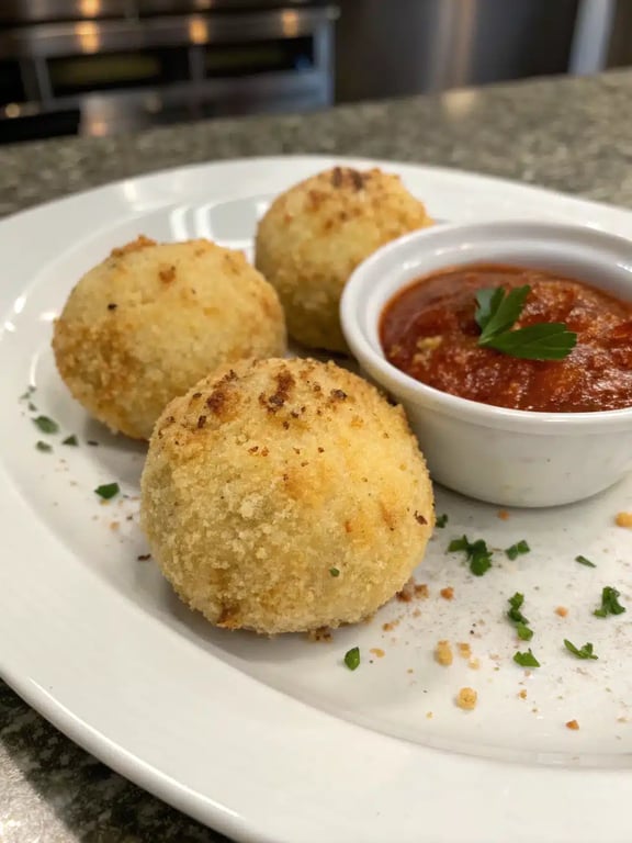 A platter of golden baked arancini recipe served with marinara sauce and fresh herbs