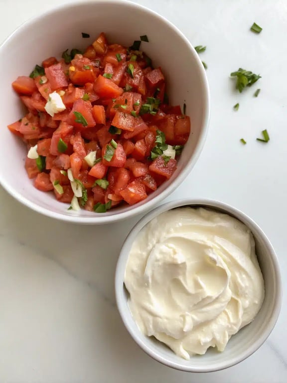 Step 4 for bruschetta dip recipe — spooning tomato mixture over the creamy base