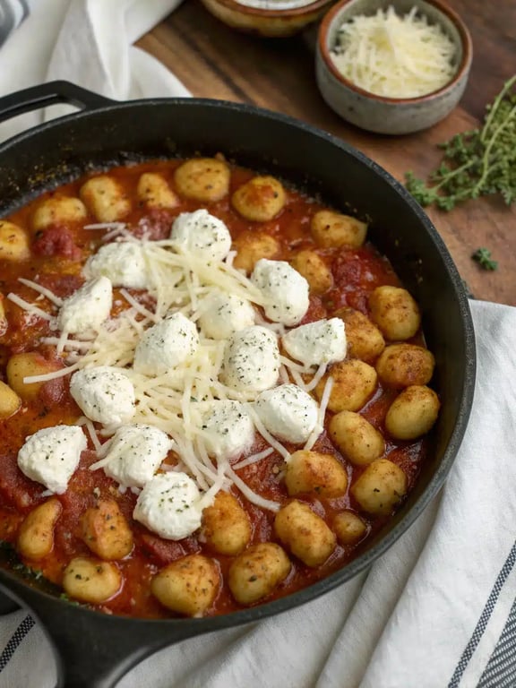 Final step for cheesy gnocchi bake — plated and ready