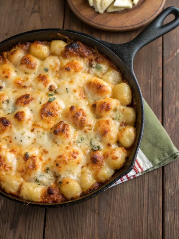 cheesy gnocchi bake plated with a side salad and garlic bread