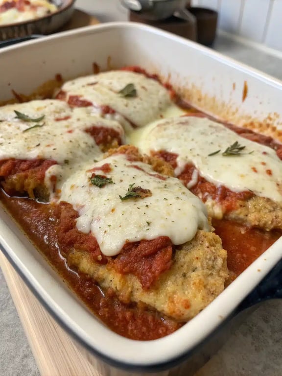 chicken parmesan recipe plated with spaghetti and a side salad