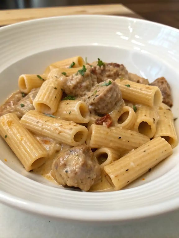 creamy Italian sausage rigatoni beautifully plated with fresh parsley garnish