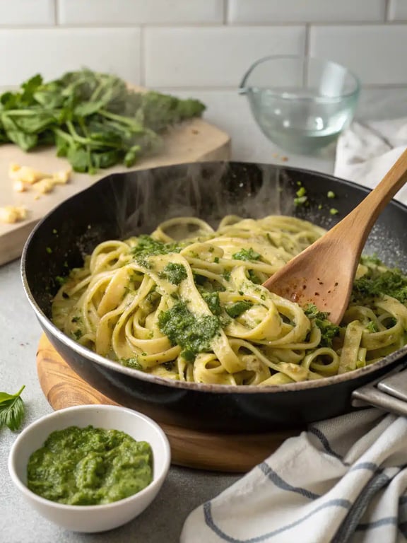 Final step for creamy pesto pasta — plated in a bowl with extra Parmesan