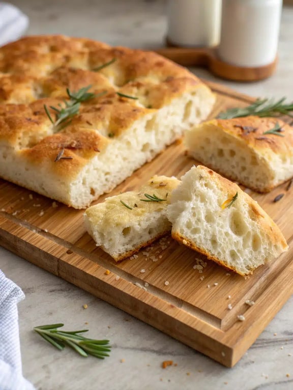focaccia bread recipe served on a wooden board with soup and salad