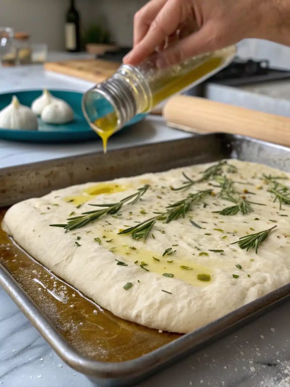 Final step for garlic rosemary focaccia — golden brown bread sliced and ready to serve