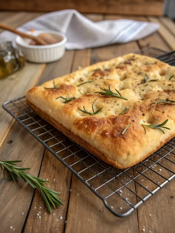 A rustic wooden board with sliced garlic rosemary focaccia, a bowl of olive oil for dipping, and fresh rosemary sprigs