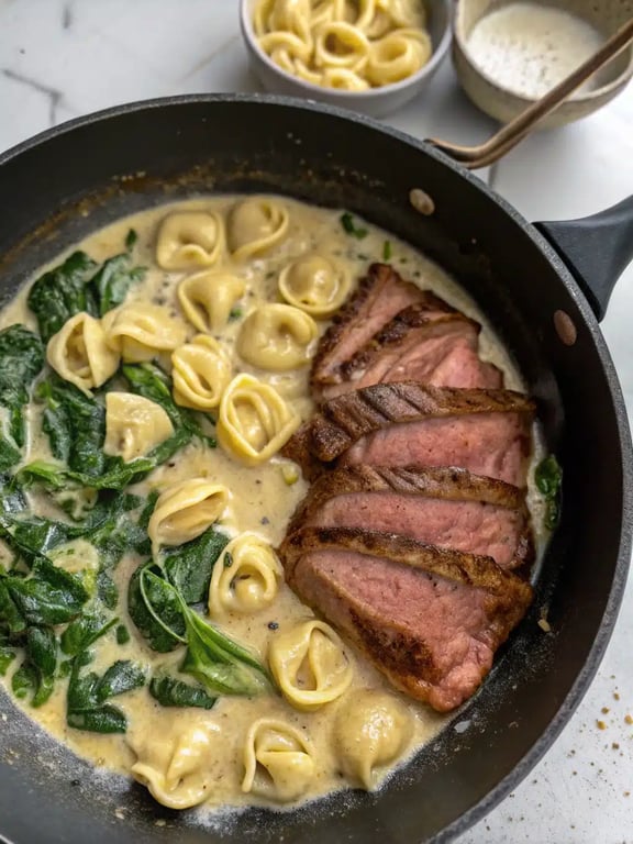 Final step for garlic steak tortellini — the finished dish plated in a skillet, ready to eat