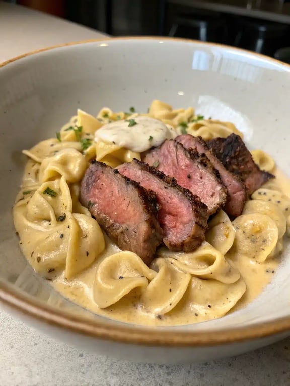 Garlic steak tortellini served family-style in a skillet with a side salad and bread on a wooden table