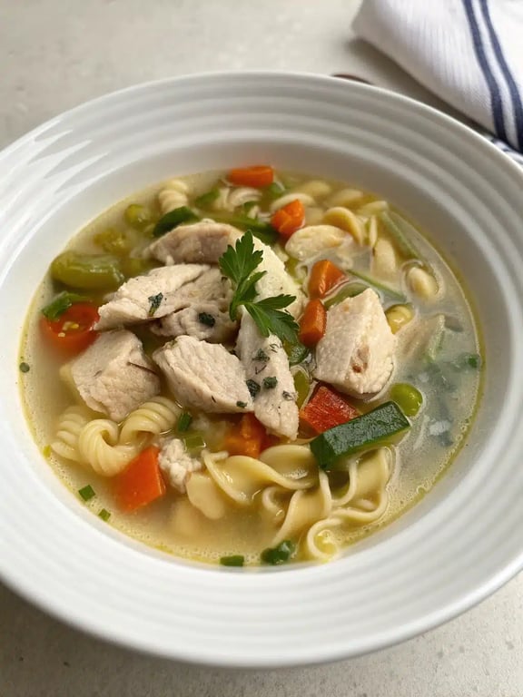 Italian chicken soup served in a bowl with crusty bread on the side
