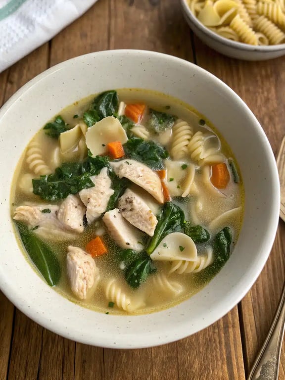 Soupe de poulet italienne servie dans un bol avec du pain croustillant et du parmesan