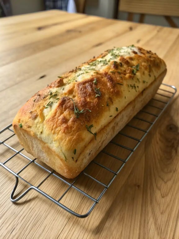 Italian herb cheese bread served with soup and salad on a rustic table