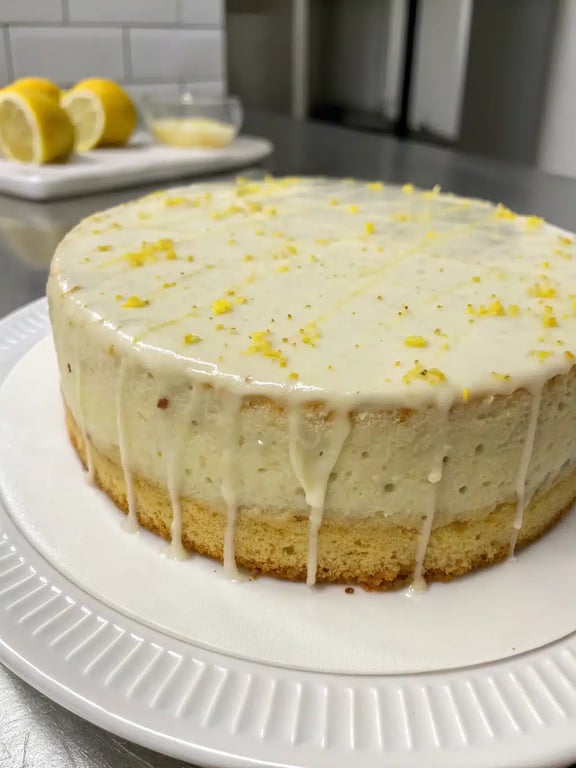 Italian lemon cream cake plated elegantly with berries and whipped cream
