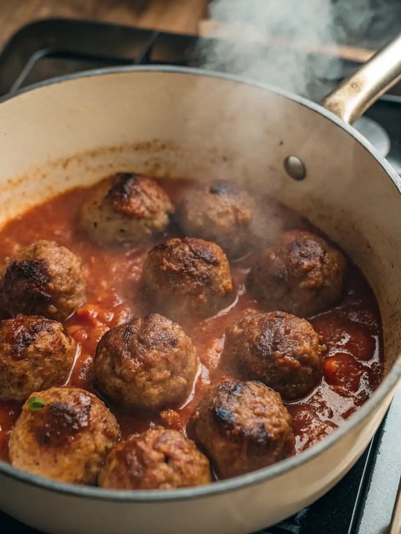 Final step for Italian meatball recipe — meatballs and sauce served over pasta