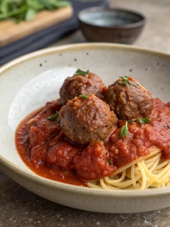 Italian meatball recipe served in a bowl over pasta with fresh basil garnish