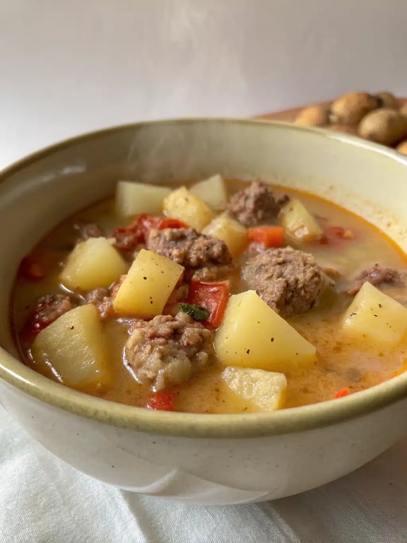 Italian sausage potato soup served in a bowl with crusty bread