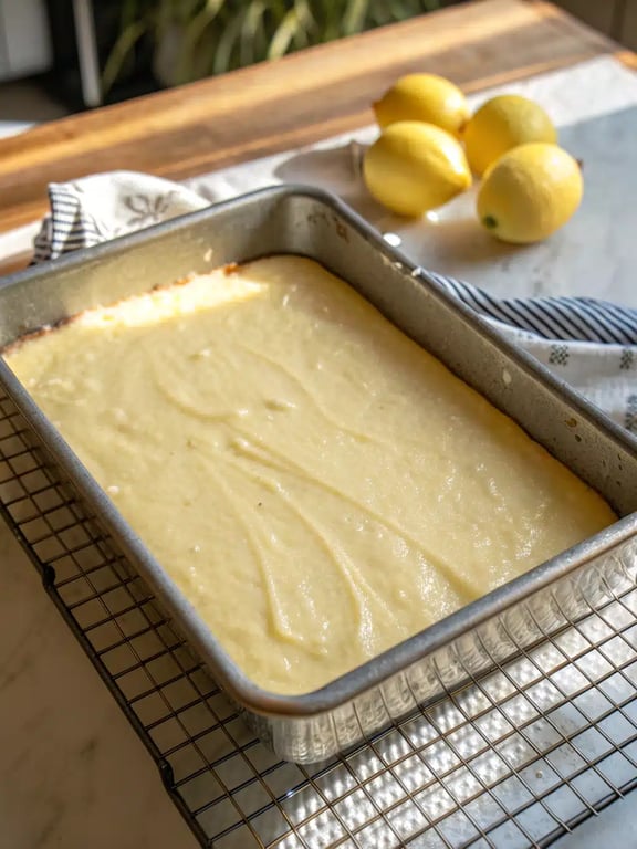 A full pan of the finished lemon brownies recipe with glaze, ready to be sliced