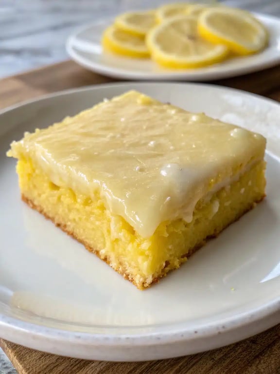 A beautifully plated lemon brownies recipe square with a dollop of whipped cream and a lemon twist