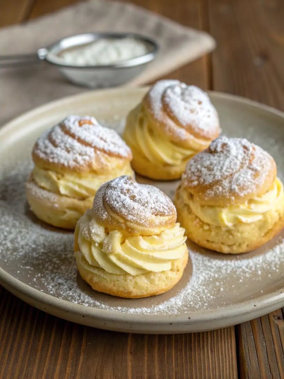 A beautiful platter of lemon cream puffs arranged with fresh berries and mint for serving
