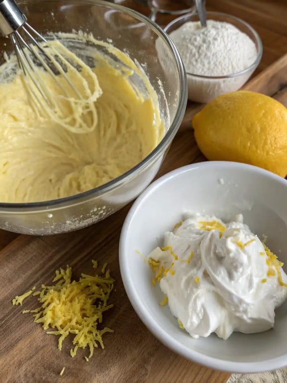 Step 4 for lemon custard cake: folding fluffy white egg whites into the pale yellow lemon batter