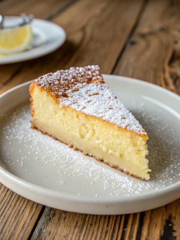 An elegant slice of lemon custard cake served on a plate with fresh berries and a dusting of powdered sugar