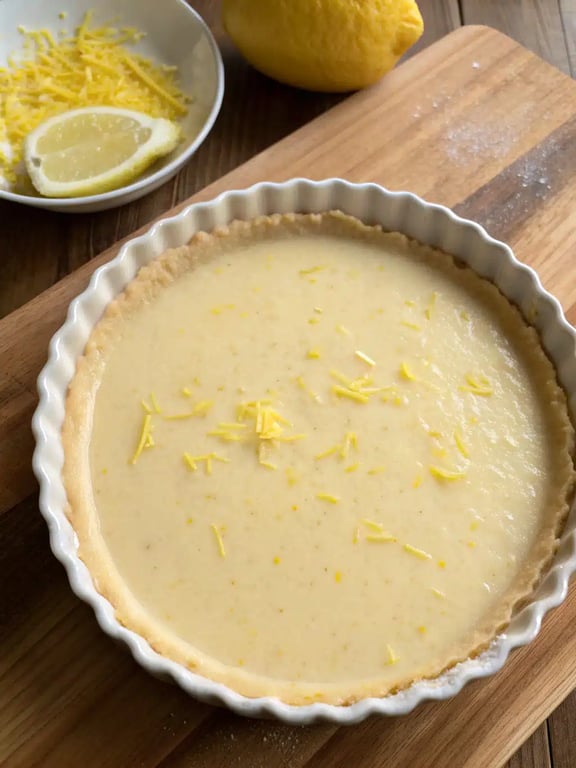 Finished lemon impossible pie dusted with powdered sugar on a cooling rack