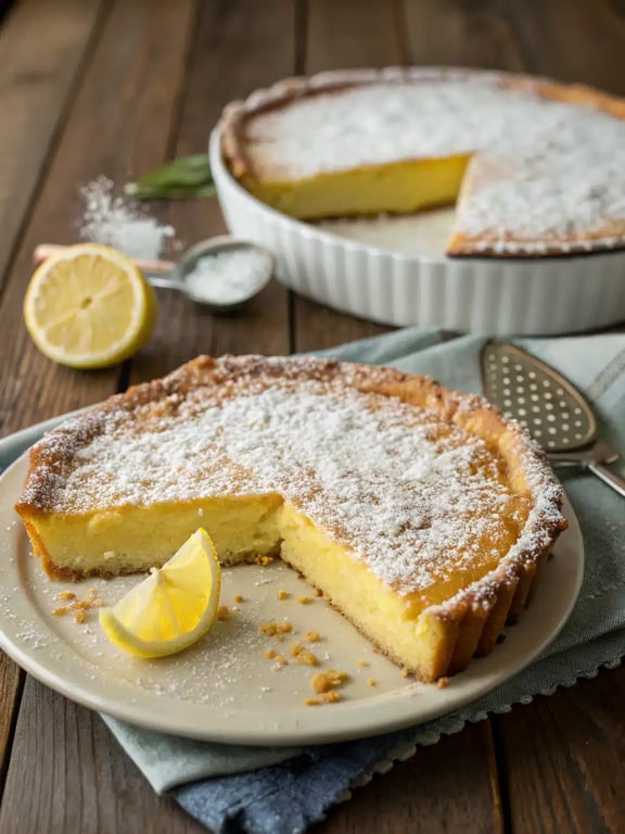 A beautifully plated slice of lemon impossible pie with whipped cream and fresh berries