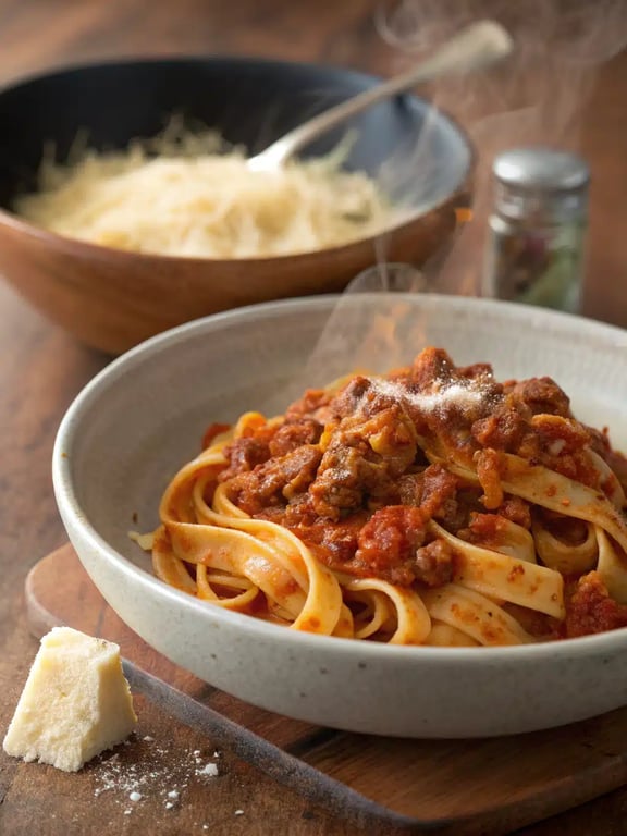 pasta bolognese recipe beautifully plated with Parmesan cheese and fresh herbs