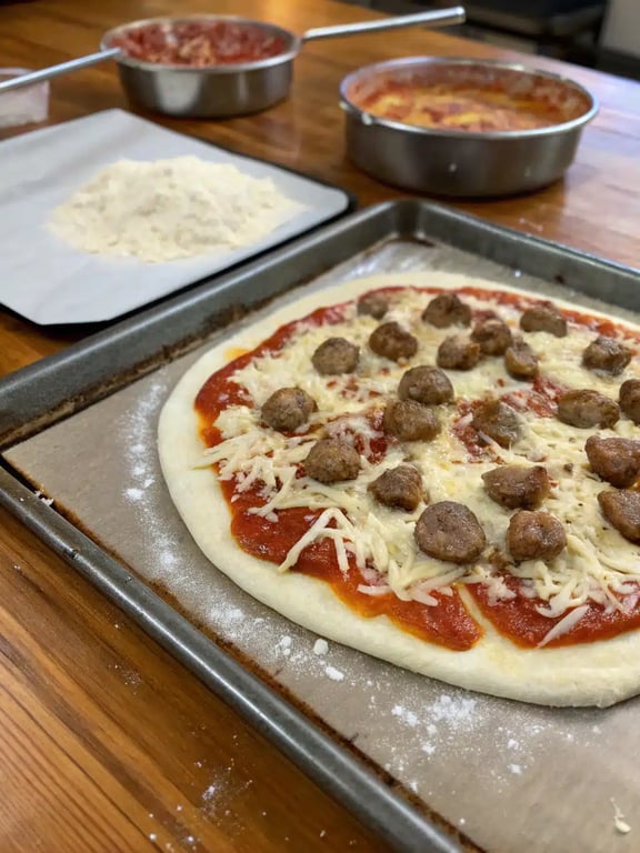 Final step for sausage feta pizza — golden brown pizza fresh from the oven