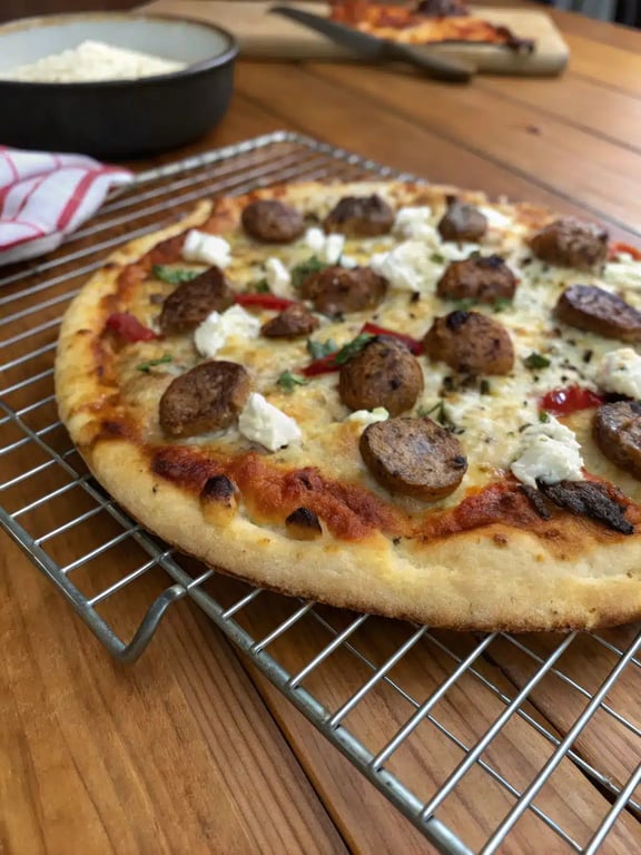 sausage feta pizza sliced and served on a wooden board with a side salad