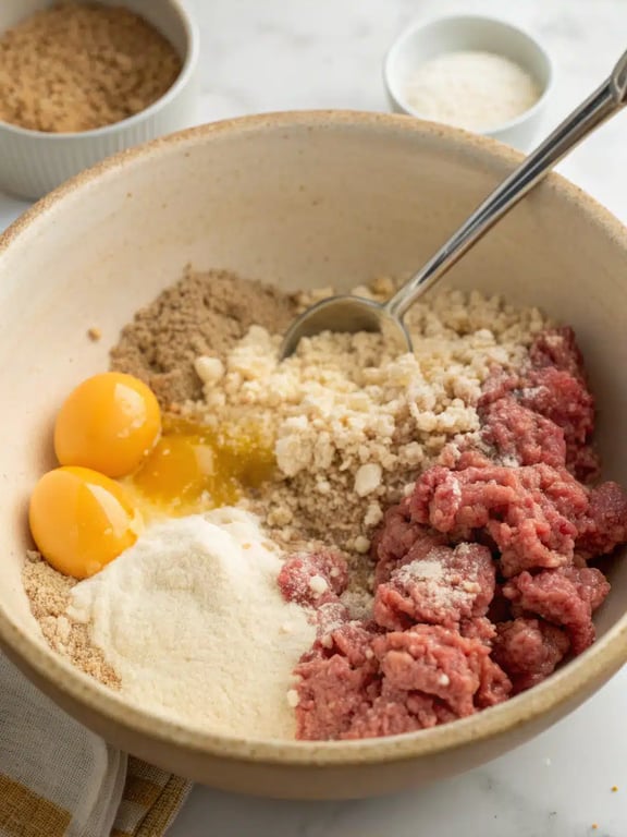 Step 2 for stuffed Italian meatloaf — process in progress