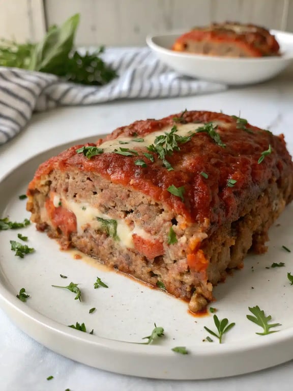 stuffed Italian meatloaf plated with mashed potatoes and green beans