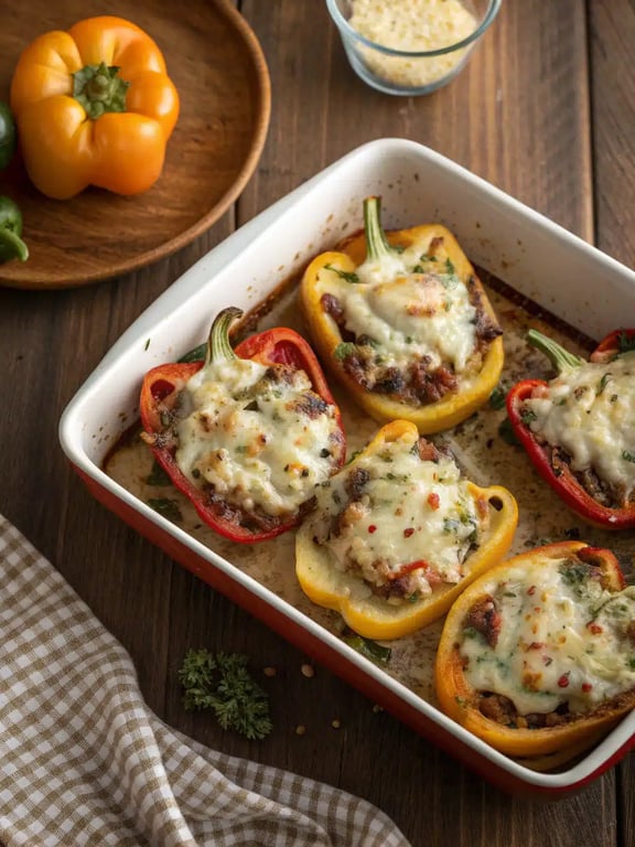 A beautifully plated stuffed peppers recipe with a side salad on a rustic table