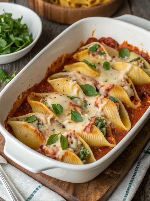 stuffed shells recipe serving suggestion stuffed shells recipe plated in a shallow bowl with a side salad and garlic bread