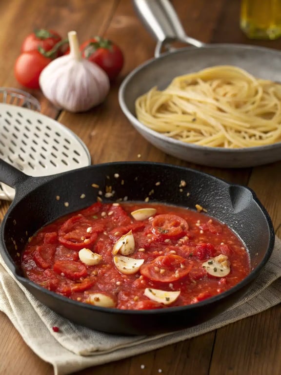 Stirring butter and fresh basil into the thickened tomato sauce for pasta