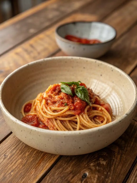 A family-style bowl of tomato basil pasta with a side salad and garlic bread on a rustic table