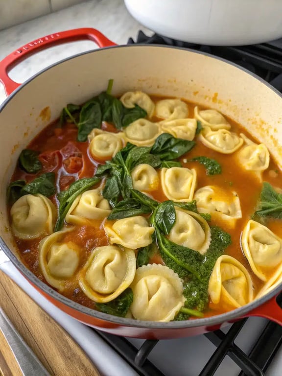 Final step for tortellini soup recipe — plated and ready