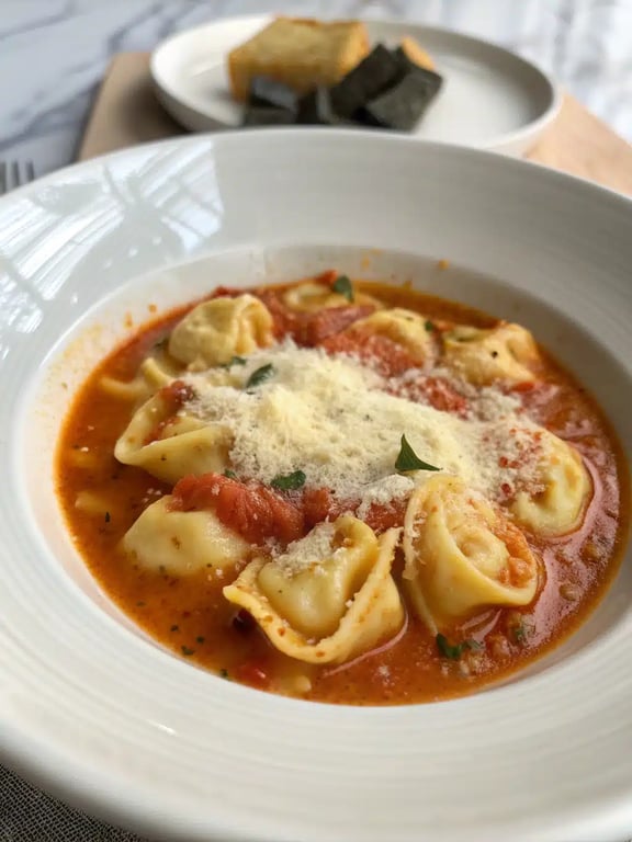 tortellini soup recipe beautifully plated in a bowl with a side of bread