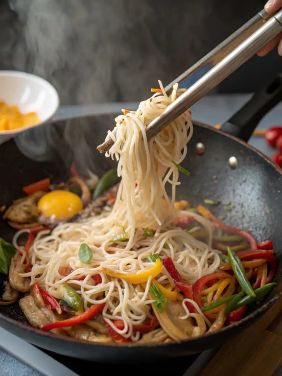 Final step for Asian noodle recipes — the finished dish plated and ready to eat