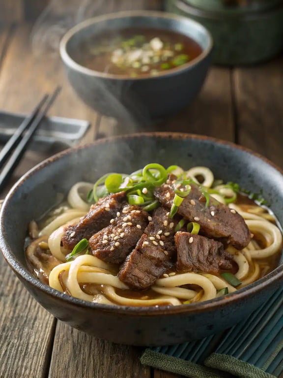 Fideos udon de carne fáciles de preparar para una comida reconfortante y acogedora