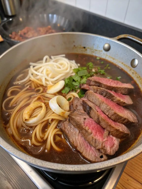 Final step for beef udon noodles — plated in a bowl with green onions