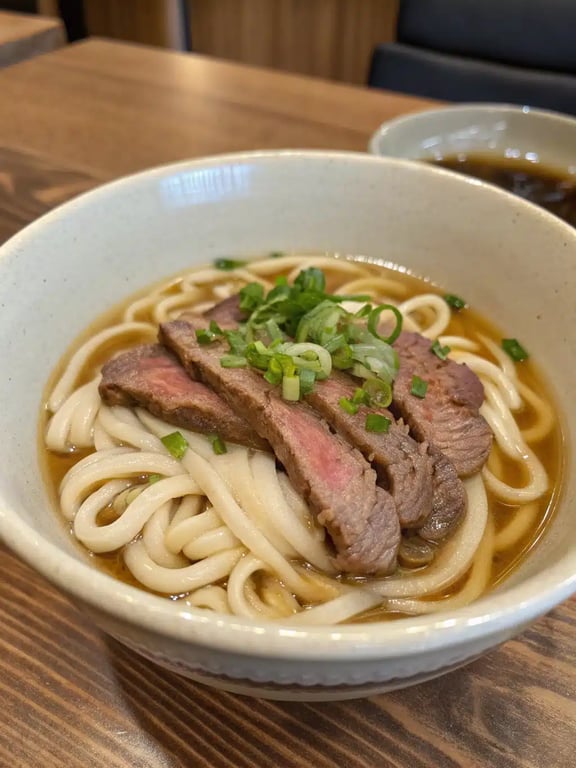 A beautifully plated bowl of beef udon noodles with green onions and sesame seeds