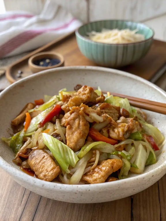 chicken cabbage stir fry plated beautifully with rice and garnishes