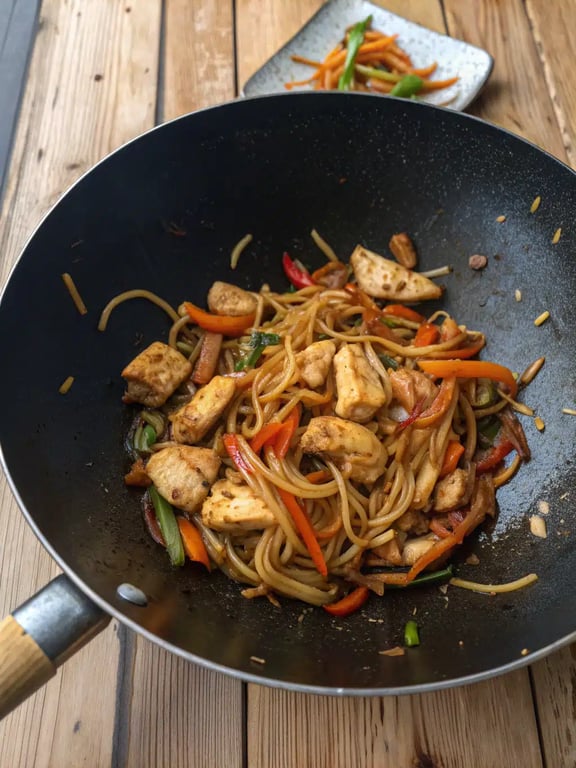 Chow mein au poulet servi dans un bol, garni d'oignons verts