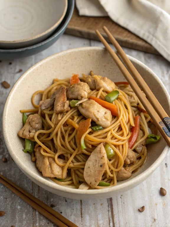 Un bol familial de chow mein au poulet, servi avec des baguettes, prêt à être servi à table.