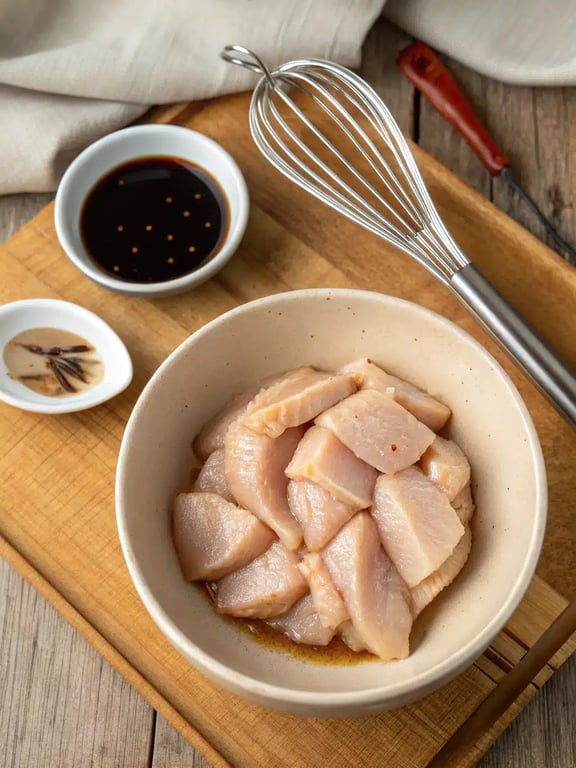 Step 2 for chicken lo mein showing marinated chicken and a bowl of mixed sauce